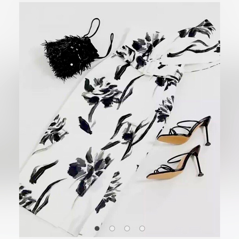 Asos black white abstract floral print one shoulder belted cocktail dress midi